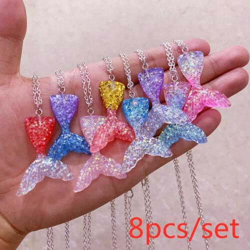 8Pcs Set Fashion Colourful Gradient Mermaid Tail And 8 Color Shimmery Fish Scale Charm Necklace Choker For Women Girls Jewelry