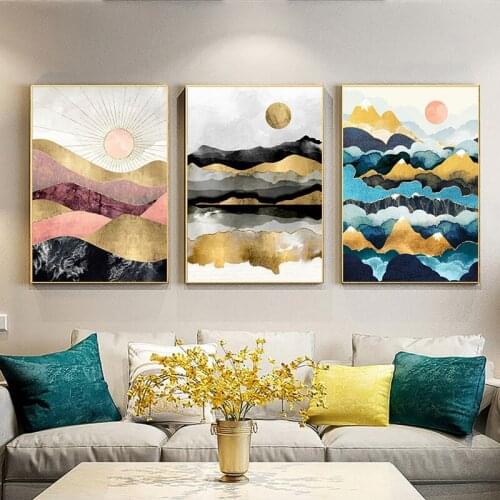 Nordic Abstract Wall Geometric Mountain Landscape Golden Sun Canvas Print Wall Art Poster Picture Bedroom Living Room Decoration
