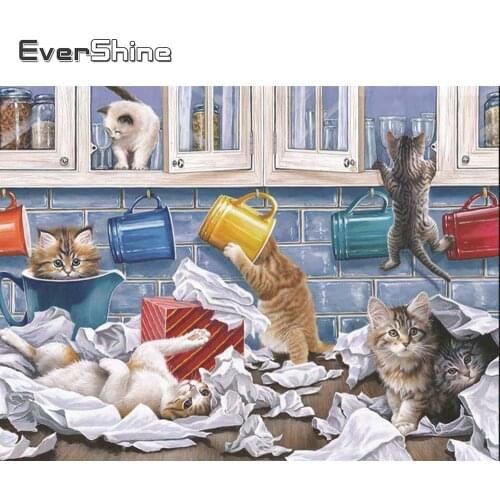 EverShine Diamond Mosaic Full Square Kitchen Handmade Gift Diamond Painting Cat Cross Stitch Animal Needlework Bead Embroidery