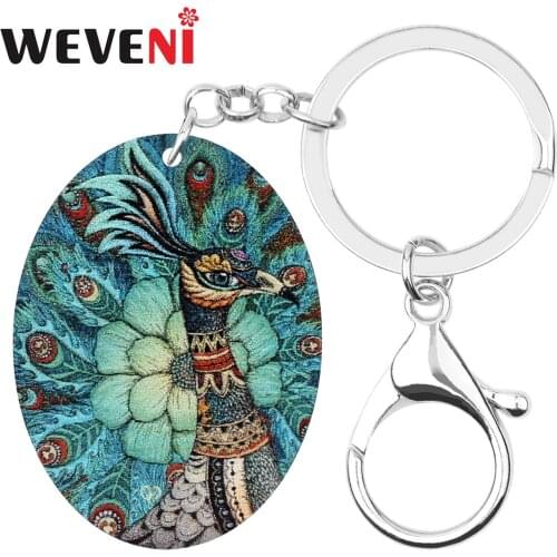 WEVENI Acrylic Oval Peapock Peafowls Keychains Bird Animal Keyring Jewelry For Women Men Teen Trendy Gifts Bag Car Accessories