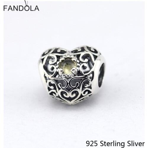 CKK 925 Sterling Silver Jewelry November Signature Heart, Citrine Original Chrams Beads Fits Bracelets For Jewelry Making