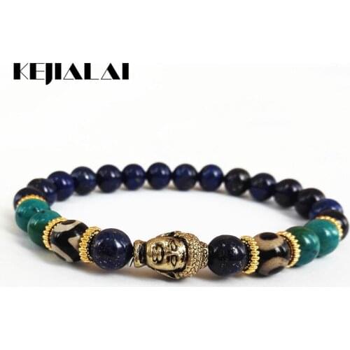 Kejialai New Mens Beaded Jewelry 8mm Lapis Lazuli Stone Beads Antique Gold Dazi Yoga Buddha Bracelets M-L362