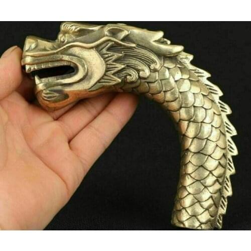 Chinese Old Handmade Bronze Carved Dragon Collect Statue Walking Stick Head