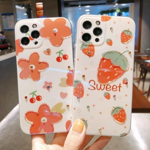Red Flower Strawberry with Diamond Cases for iPhone 7/8 SE Soft Cover for iPhone 11 12Pro MAX XS XR 7 8 Plus X Luxury Phone Case