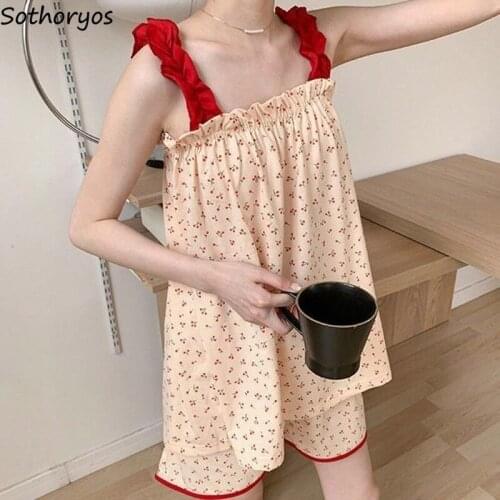 Summer Pajama Sets Women Cherry Printed Shorts Spaghetti Strap Tops Lovely Girls Home Leisure Cozy Hipster Sleepwear Lounge Chic