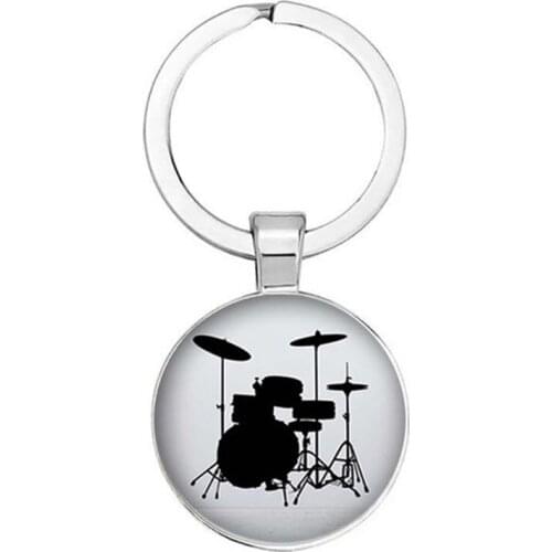 New 25mm Handmade Fashion Drum Set Kit Silhouette Keychain Glass Musical Instrument Pattern Cabochon Key Ring Key Ring Music Lov