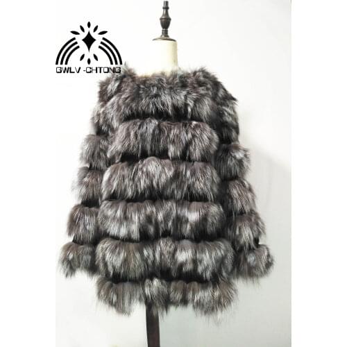 Real natural genuine sliver fox fur with rabbit fur coat women fashion O-neck jacket custom any size