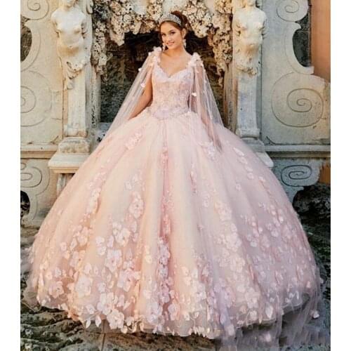 Pink Quinceanera Dress With Cape Beaded 3D Appliques Sweet 16 Wear Vestidos De 15 Años Pageant Gowns 2021