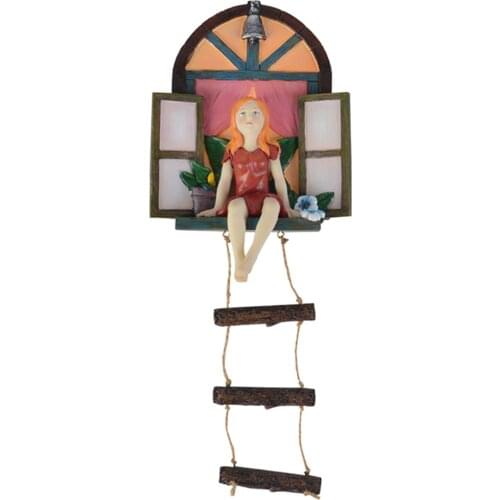 Garden Fairy Statue Ornament with Ladder Decor Resin Cartoon Hanging Decoration for Outdoor Elf Sitting on the Window LBS