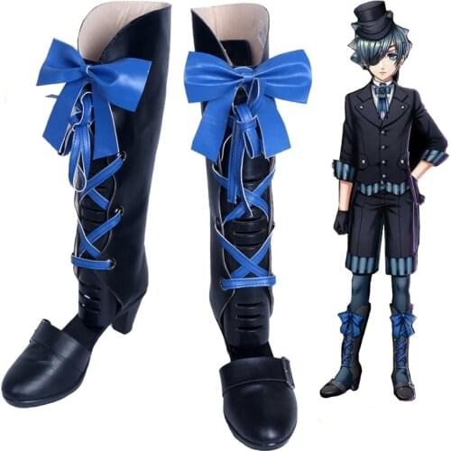 New Black Butler Kuroshitsuji Ciel Phantomhive Cosplay Boots w/Blue Bowknot Anime Cosplay Shoes for Women/Men Size 35-43