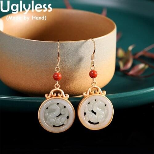 Uglyless China Culture Totem Animals Kirin Earrings for Women Hollow Natural Jade Animal Jewelry Agate 925 Silver Brincos Bijoux