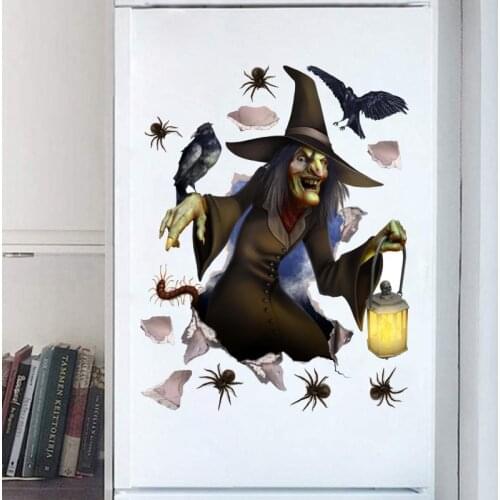 Horror Witch Wall Stickers Halloween Decoration 3D Broken Wall Fridge Sticker Self-adhesive DIY Room Decor Party Scary Wallpaper