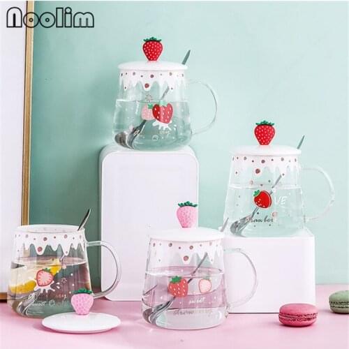 Heat Resistant Strawberry Glass Coffee Milk Mug with Spoon and Lid Set Transparent Breakfast Water Mug Tea Cup Drinkware 500ML
