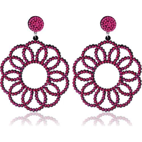 National Style Colorful Shiny Rhinestone Dangle Earrings Creative Geometric Hollow Flower Drop Earrings for Women Party Jewelry