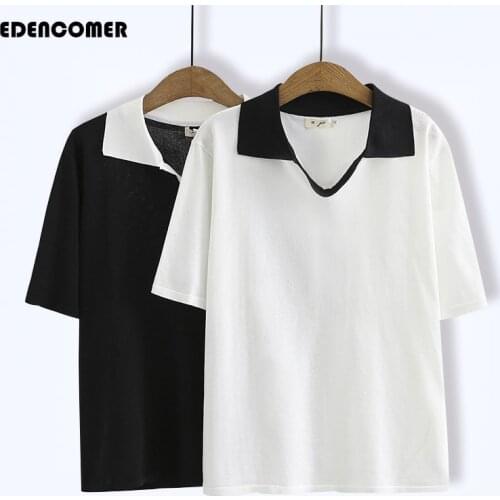 Large Size Womens Simple Bump Color Small Lapel Ice Hemp Knitted T-shirt 2021 Summer Loose Show Thin Top White Polo Shirts