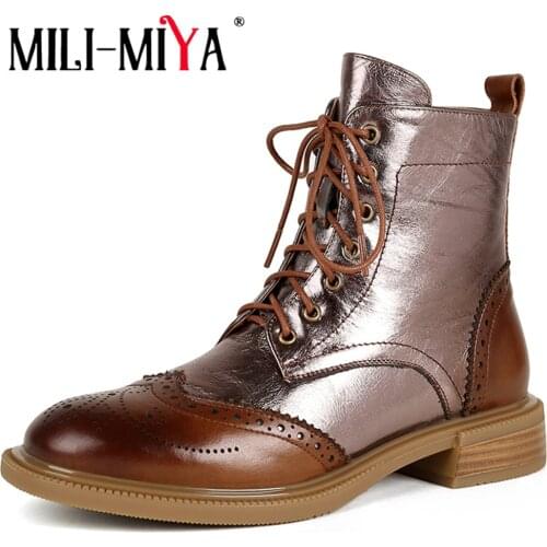 MILI-MIYA Classic Style Women Autumn Ankle Boots Genuine Leather Chunky Heels Zipper Round Toe Lace-Up Zipper Preppy Style Shoes