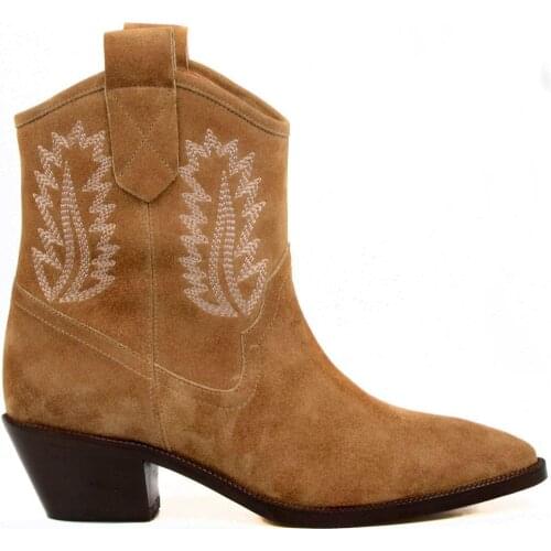 FootCourt- Suede Tan Classic Western Cowboy Boots for Women Western Ankle Boots Embroidered Pointy Toe Medium Heel Shoes Woman
