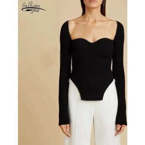 Sqaure Collar Full Sleeves Elastic High Waist Sexy Pullover Autumn and Winter 2021 New Fashion Women Clothes Pull Femme 17032