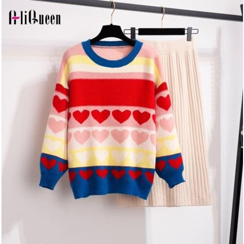2020 Autumn Knitted 2 Piece Set Women Heart Lantern Sleeve Sweater Pullover Top + Split Midi Skirt Set Winter Loose Sweater Sets