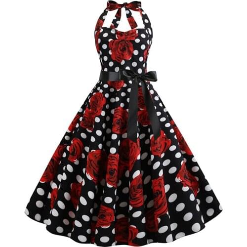 White Polka Dot & Red Rose Print Black Halter Neck Sleeveless A Line Cute Sweet Dress Women Clubwear Vintage Dresses 50s 60s