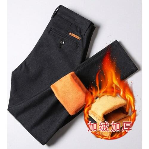 Winter Mens Fleece Thick Pants Men Fit Formal Trousers High Quality Brand Business Black Gray Warm Slim Long Casual Pants Men