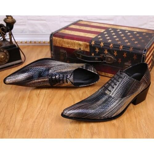 Zobairou mens italian leather shoes glitter pointy loafers high heels dress wedding formal shoes men plus size