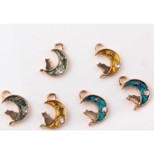 10pcs Gold Tone Alloy Oil drop Enamel Rhinestone Cat on the moon Charms Bracelet Animal Pendant DIY Handmade Jewelry Making