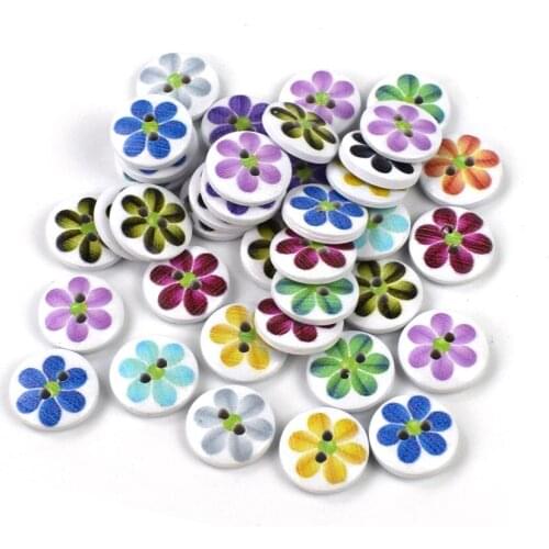 500PCS Natural Mixed Flowers Printed Round Wood Buttons Scrapbooking Decorative 2 Holes Christmas Button Crafts Sewing