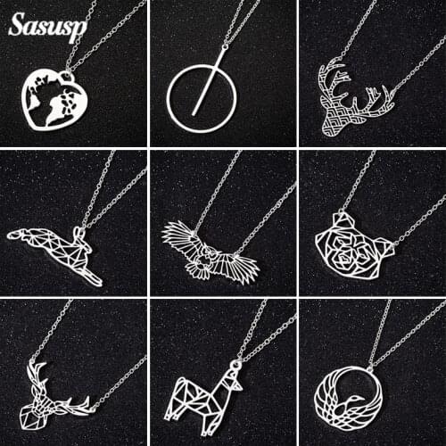 Sasusp Stainless Steel Origami Animal Necklaces Women Cute Rabbit Owl Dog Deer Necklace Chain Ladies Kids Daily Party Jewelry
