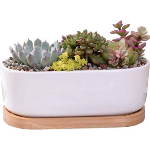 634E 2pcs Succulent Planter Ceramic Flower Pot with Bamboo Tray Drainage Holes for Indoor Outdoor Home Garden Decoration