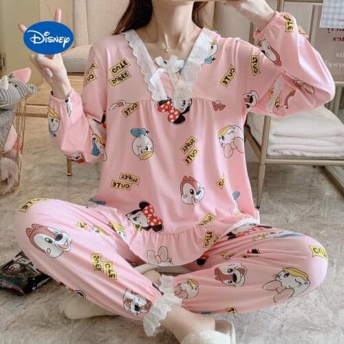 Disney Donald Duck Mickey Autumn and Winter Princess V-neck Ladies Pajamas Long Sleeve Pants Cute Cartoon Home Service Set