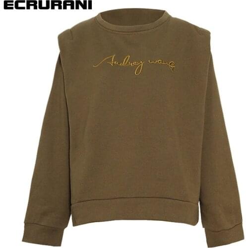 ECRURANI Embroidered Casual Pullovers For Women O Neck Long Sleeve Loose Minimalist Sweatshirt Female 2021 Fashion New Clothing