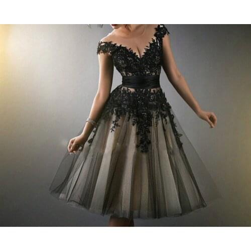 Elegant Women Floral Lace Short Black Sleeve Evening Party Formal Dress