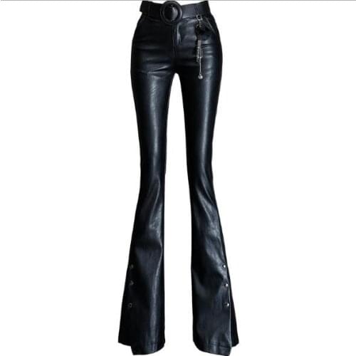 Autumn Faux leather High waist flare pantsWomen Ladies OL Office PU Trousers PLUS SIZE