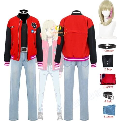 Anime Wonder Egg Priority Rika Kawai Cosplay Costume Rika Choker Red Jacket Pale Blue Jeans Halloween Party Outfit Blond Wig