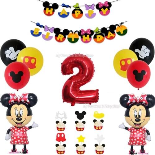 Mickey Mouse Birthday Party Supplies Disney Minnie Balloon Child Party Decor Banner Cake Flag Digital Latex Round Balloon Gift