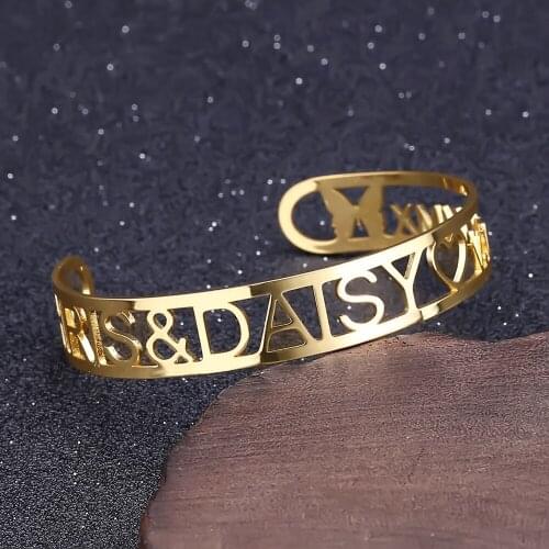 Hollow Name Bangles Personalized Gold Color Adjusted Name Date ID Open Bangles For Women Stainless Steel Men Jewelry
