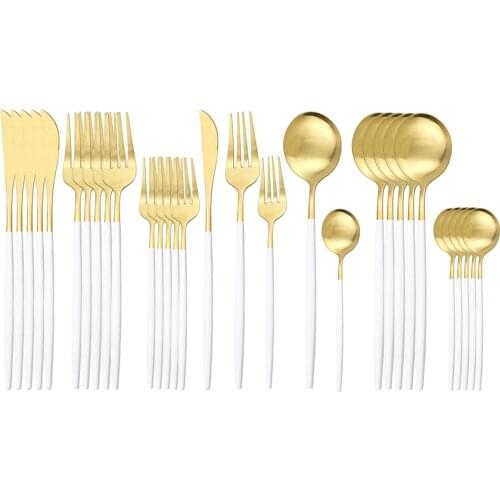30Pcs White Gold Cutlery Set Knife Dessert Fork Spoon Dinner Tableware Set Stainless Steel Dinnerware Set Kitchen Silverware Set