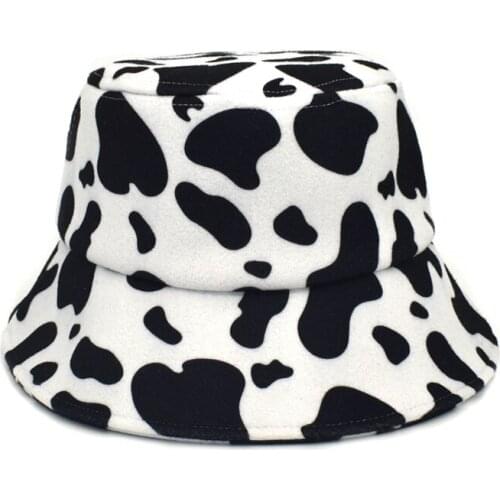 FUODRAO New Winter Women Woolen Bucket Hat Cow Print Girl Hat Fashion Warm Panama Outdoor Fisherman Cap Men M168