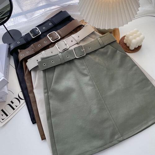 2021 autumn and winter new solid color high waist thin pu leather skirt a-line short skirt boots skirt leather skirt women