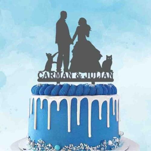 Personalized Wedding Cake Topper Custom Couples Name Bride Groom and Cat Silhouette For Wedding Party Cake Decoration Topper
