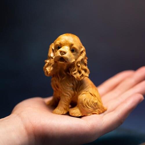 Boxwood 7cm Dog Sculpture Wood Puppy Animal Statue Lucky Teddy Dog Home Decor