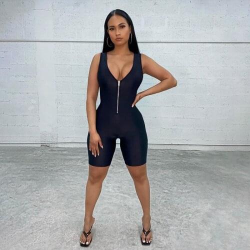 Sexy Women Running Jogging Sports Sleeveless Zipper Deep V neck Stretch Elastic Workout Jumpsuit Playsuit GYM wear