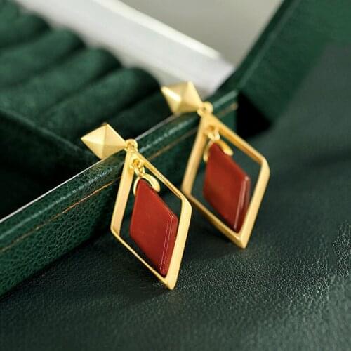 Independent design ancient gold craftsmanship inlaid southern red tourmaline diamond-shaped hollow earrings ladies jewelry