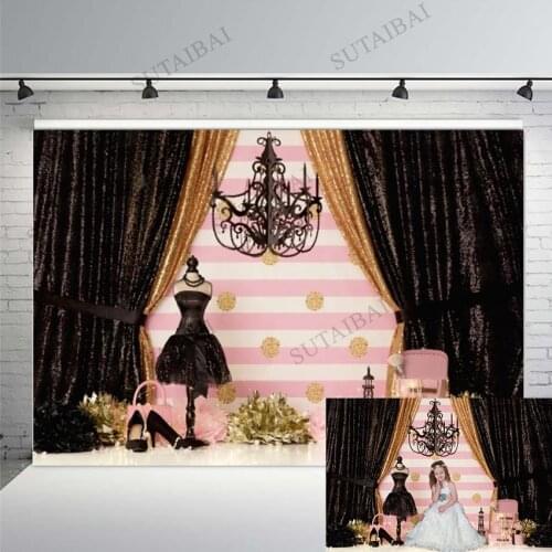 Princess Black Skirt Prom Dress Black Gold Curtains Party Backdrop Golden Flowers Tower Girl Room Custom Photo Background Vinyl