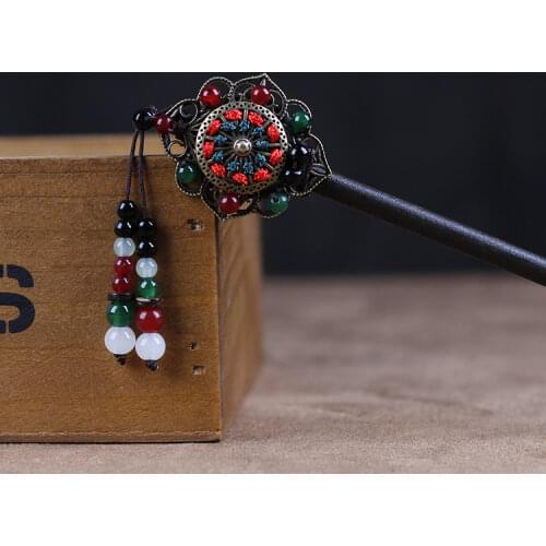 Vintage Handmade Flower Wooden Hair Sticks Chinese Resin Beads HairPins Women/Girl Hair Ornaments Hair Jewelry