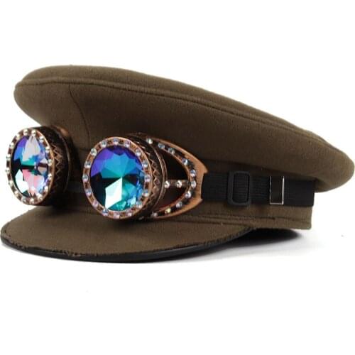 Womem Men Handmade Steampunk Glasses Military Hat Captain Sergeant Hat Performance Halloween Festival Part Hat