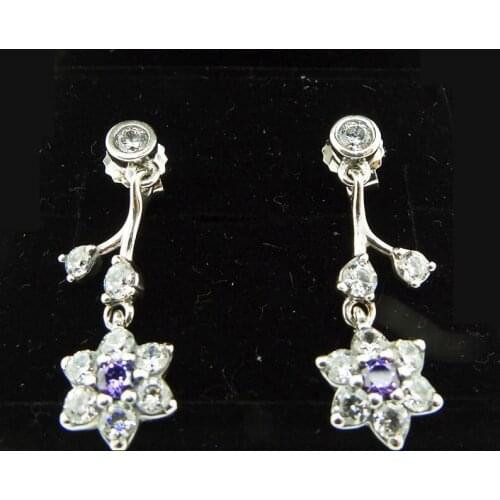 Forget Me Not Flower Drop Earrings Paved Zircon 925 Sterling Silver Earrings for Women Jewelry Purple & Clear CZ Dangle Earrings