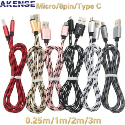 100pcs Micro/Type C/8pin USB Cable for Mobile Phone Nylon Charger for iPhone Samsung Huawei HTC Xiaomi Fast Charging Data Sync