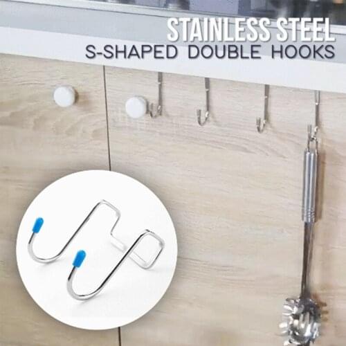 4PCS Stainless Steel Double S Shape Storage Hook Free Punching Cabinet Door Without Trace Hooks Kitchen Wall and Door Organizer